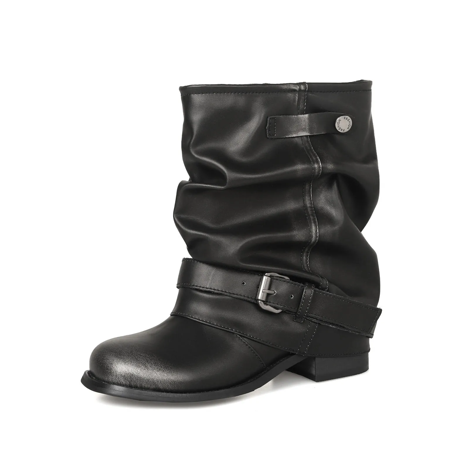

Arden Furtado 2025 Autumn cowhide Belt buckle Pleated Short boots Round toe Turned-over Edge Middle heel Western cowboy boots