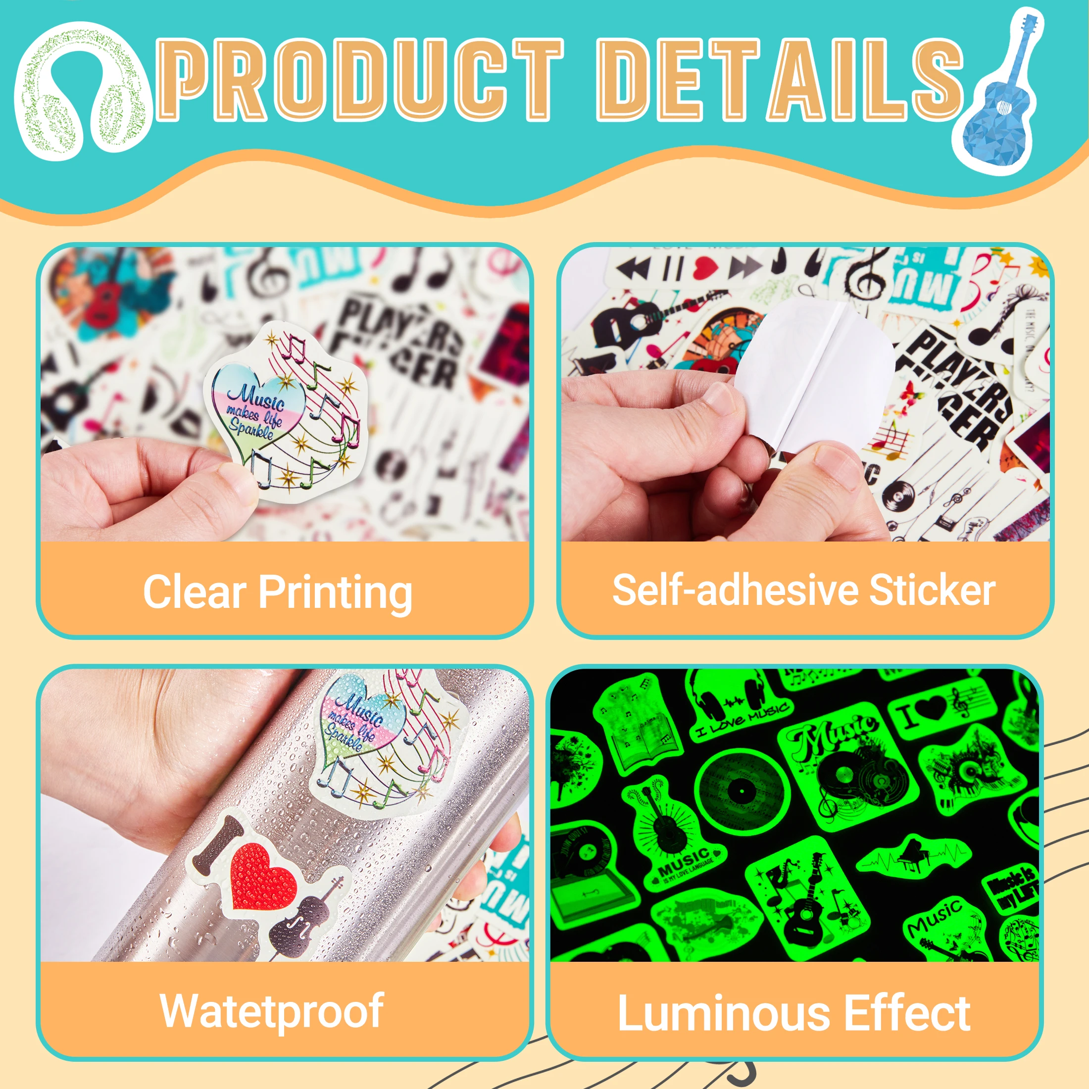 58pcs Glow in The Dark Stickers Music Instrument Waterproof Animal Graffiti Creative Sticker Toy Notebooks Decoration Kid Toy