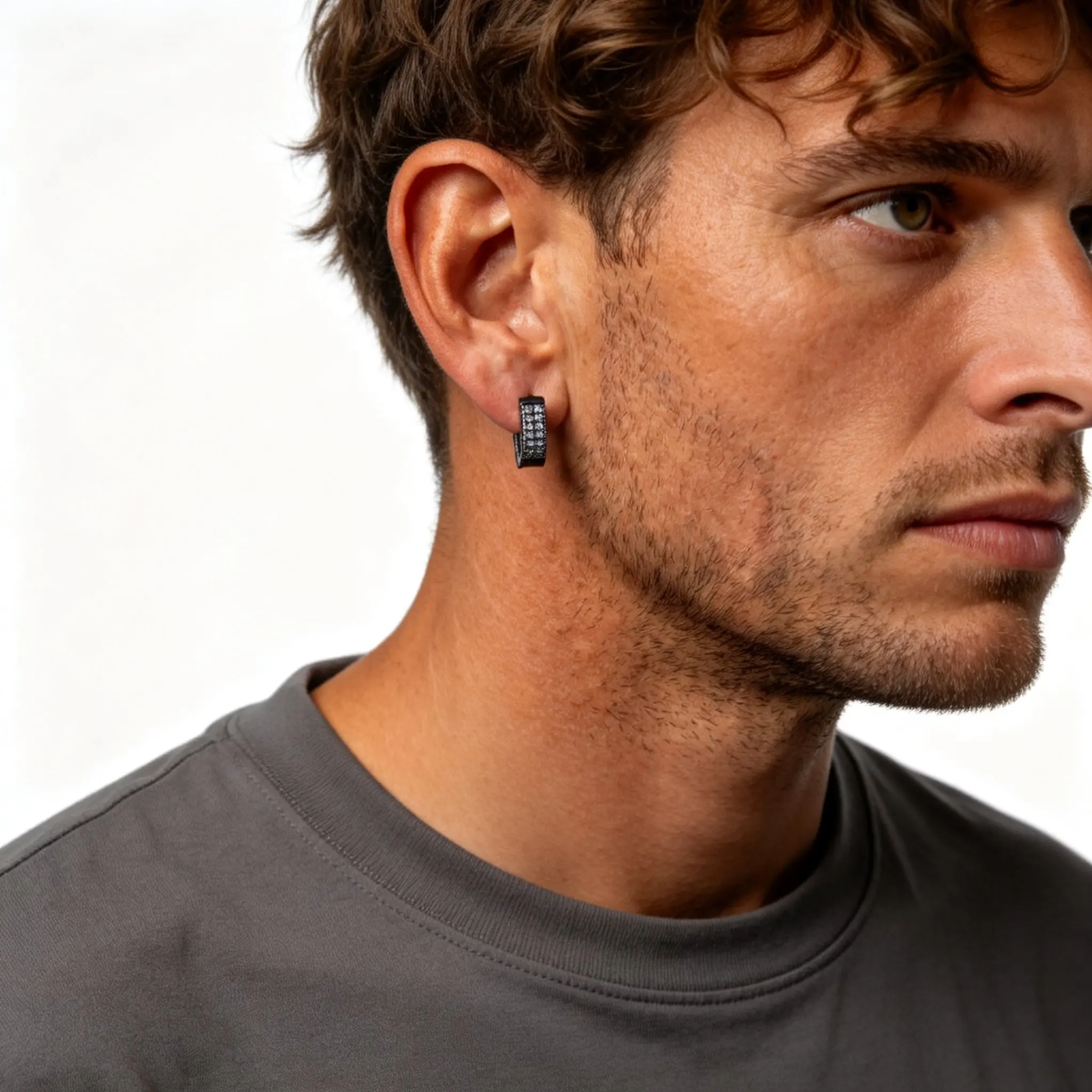 Hiphop Men's Hoop Earring,White Blue Zircon Black Metal Huggies,Trend Punk Jewelry Gift