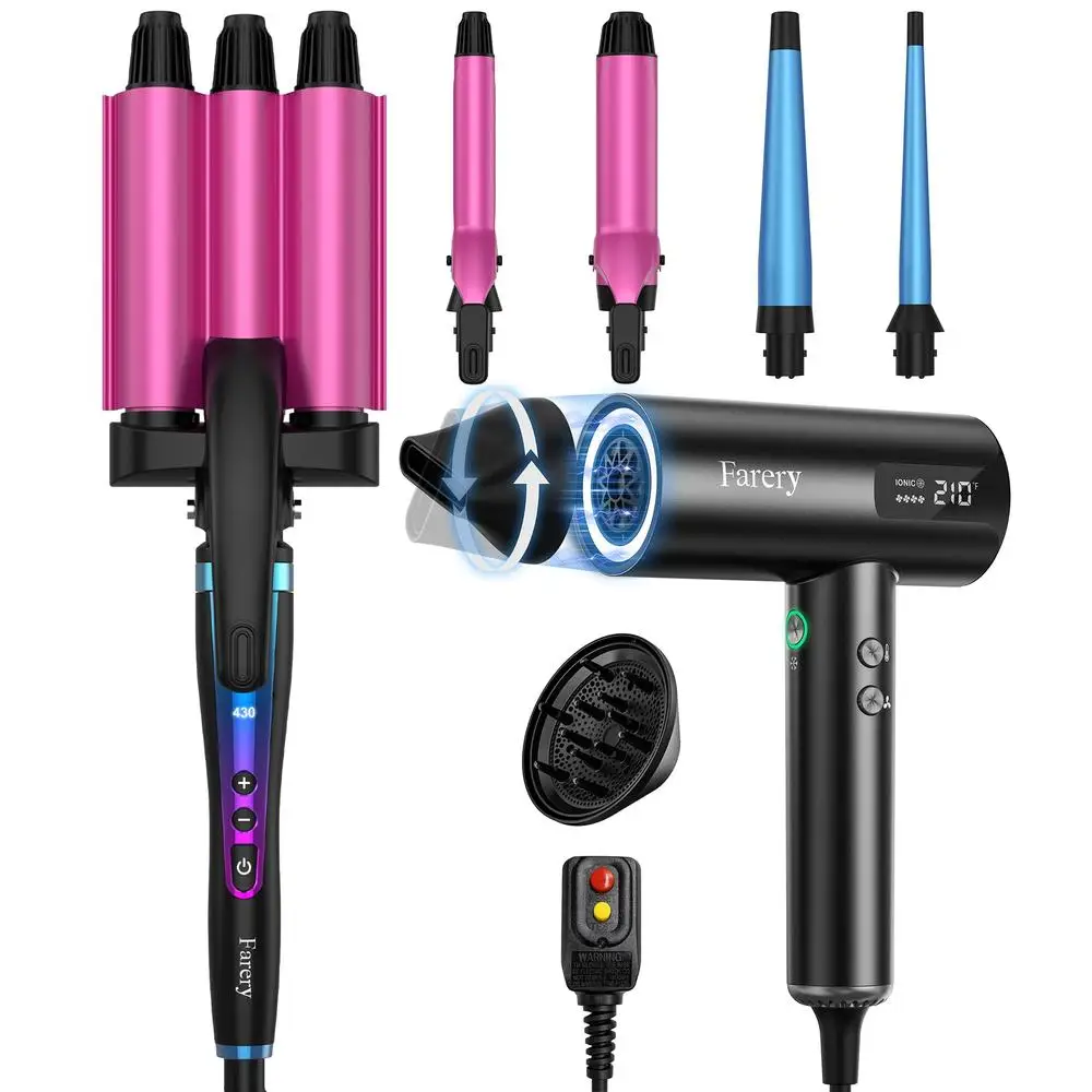 Versatile Hair Styling Set Interchangeable Wand Curler & High-Speed Ionic Dryer