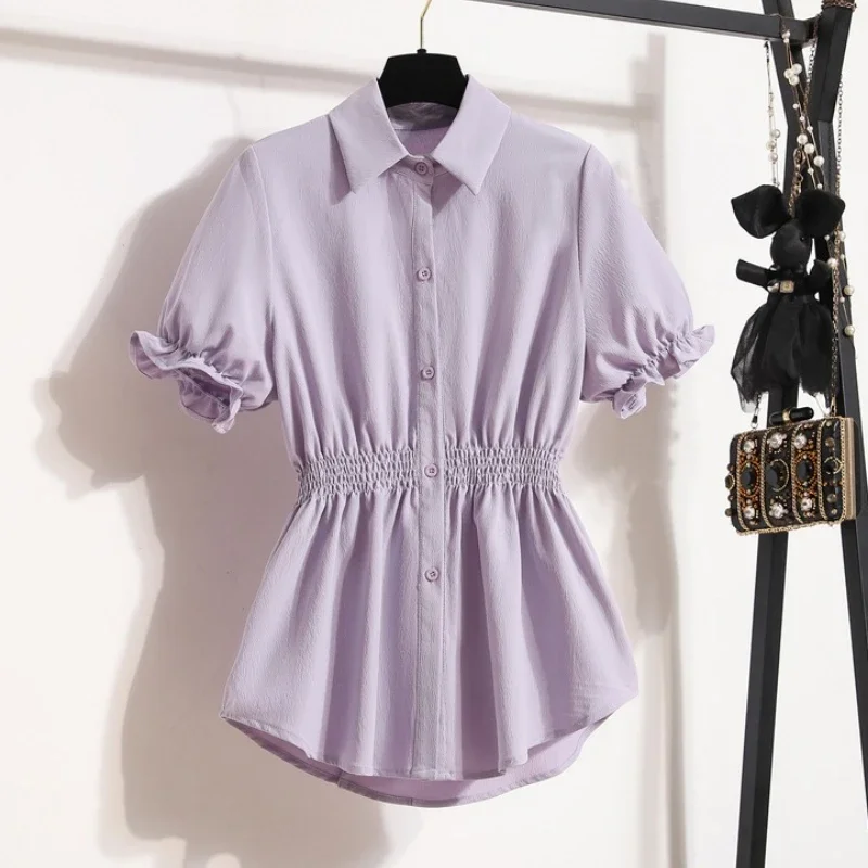 

Women Slim Waist Casual Tops Solid Color Shirt Summer 2025 New Korean Style Loose Chiffon Blouse Women Tops Coat