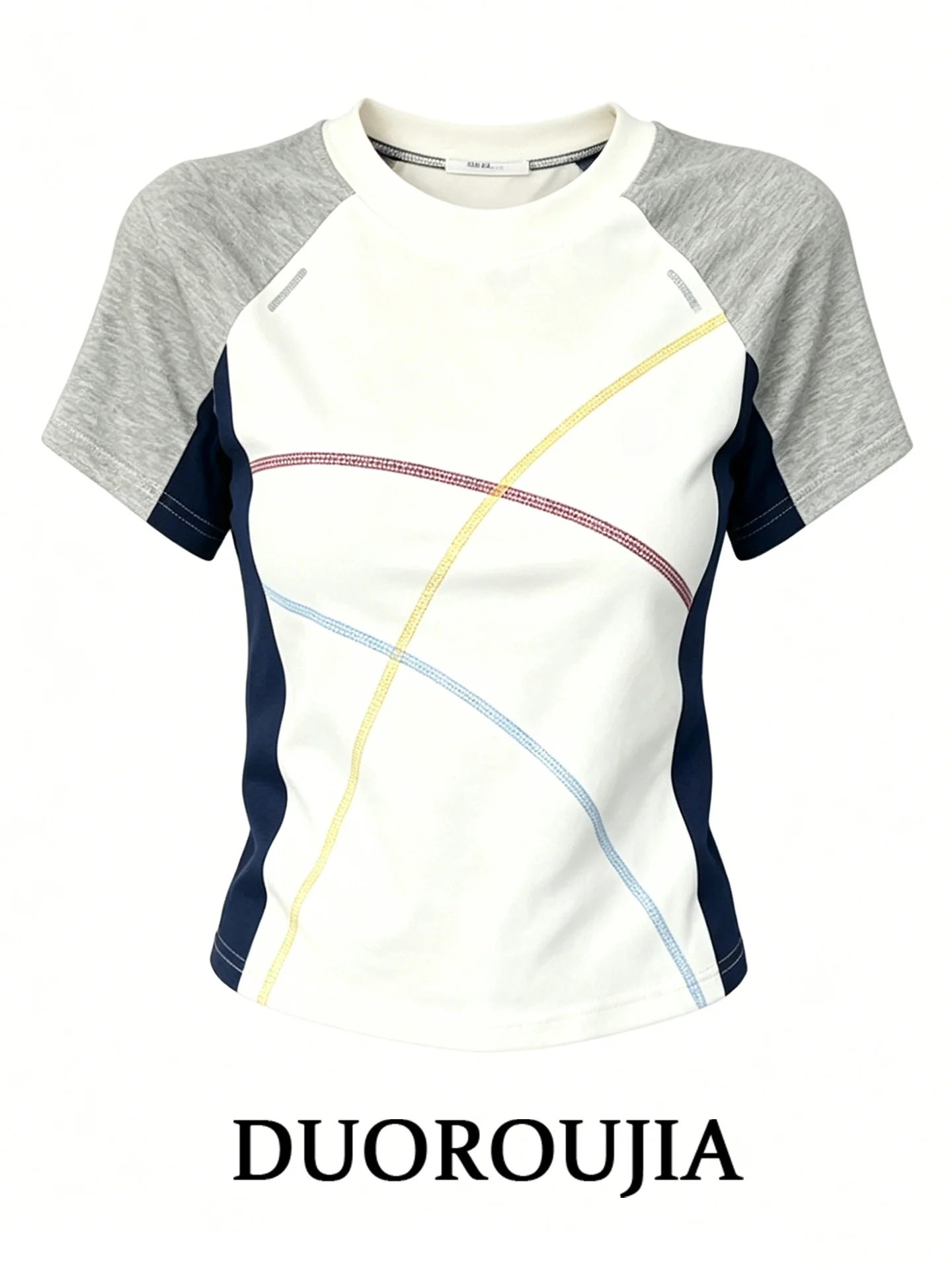

Slim Fit Color Block Short Sleeve T-Shirt Women's Summer plus Size Sporty Style Casual Versatile High Waist Printed Cotton Top
