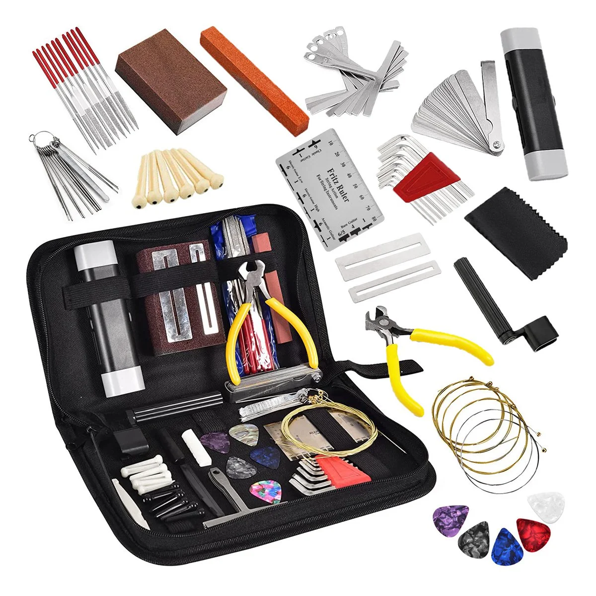 72Pcs Guitar Tool Kit Repair Maintenance Tools String Action Ruler Guitar Bridge Pins Strings Picks with Carry Bag