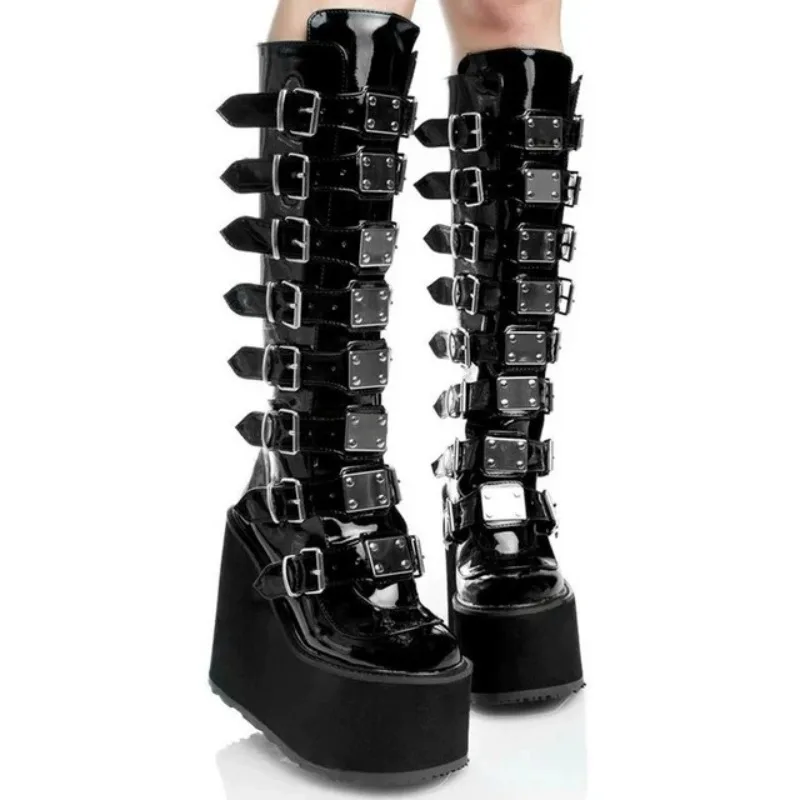 

Women's Boots Goth Cosplay Platform Knee High Boots for Women Fashion Designer Belt Buckle Leather Wedges Thick Shoes for Women