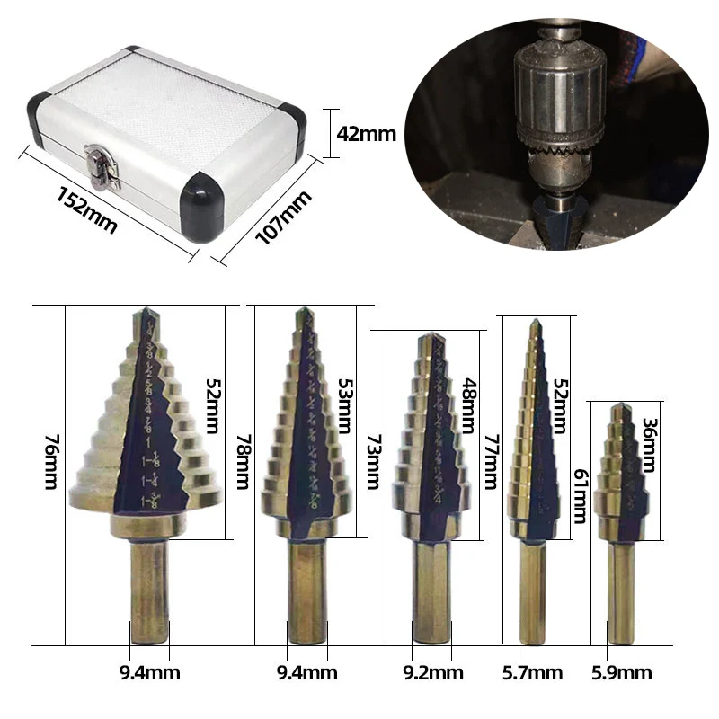 

5Pcs Step Drill Bit Straight Groove Pagoda Hole Cutter High Speed Steel Cone Drill Bit Hole Opener 50 Size Conical Drilling Core