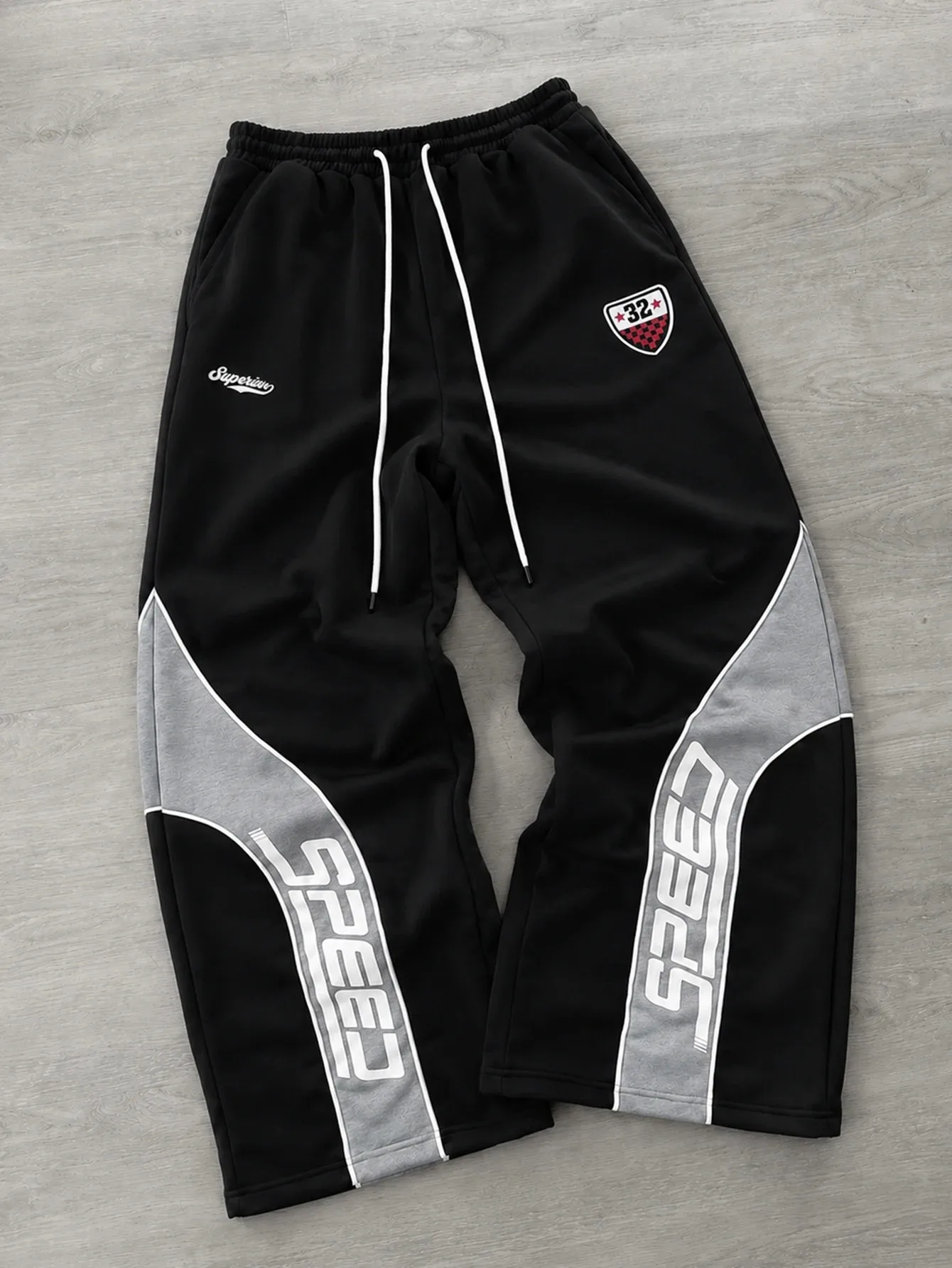 Men's Racing Style Color Blocked Wide Leg Sports Pants Burgundy SPEED Letter Printed Loose Retro Racing Street Casual Pants