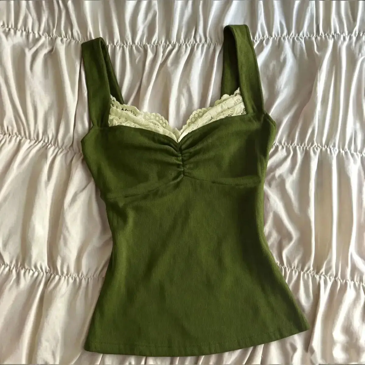 Summer vintage olive green lace halter top sensual soft fashionable trendy slimming and versatile piece perfect occasion Y2K