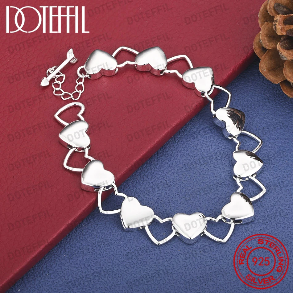 Elegant 925 Sterling Silver 8-inch Exquisite Openwork Heart-Shaped Bracelet for Women, Fashionable Party Jewelry