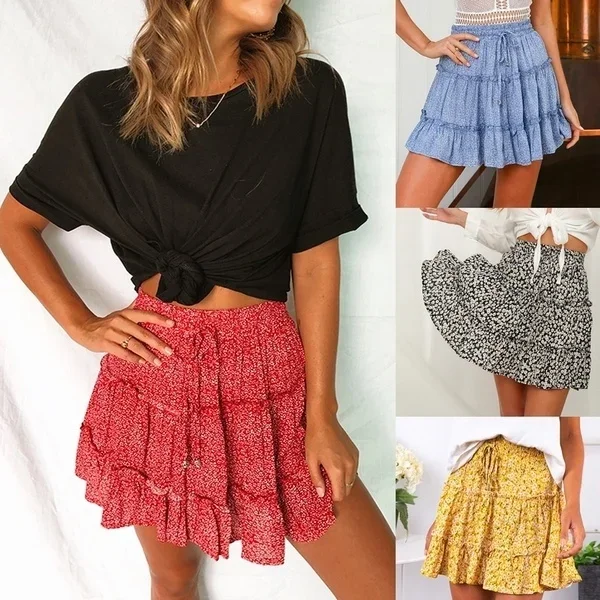 

Women Summer Casual Bohe High Waist Ruffled Floral Print Beach Short Skirt