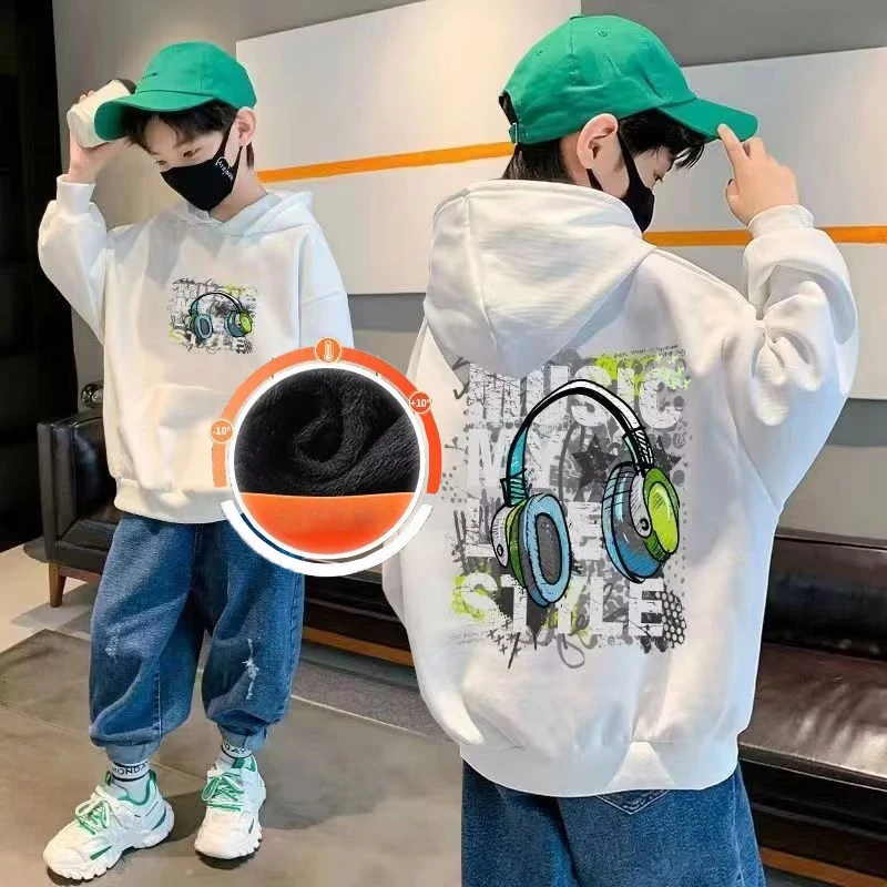 Boys' Hooded Sweaters, Popular Baby Plush Warm Top For Older Children, Hip-hop Trend, Versatile Sports Jacket Trend