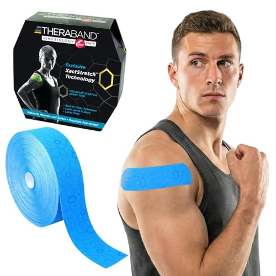 THERABAND Kinesiologie-Tape, Blau/Blau, 5 cm x 31,4 m Großrolle, mit XactStretch-Indikatoren, Langlebiges Athleten-Tape für