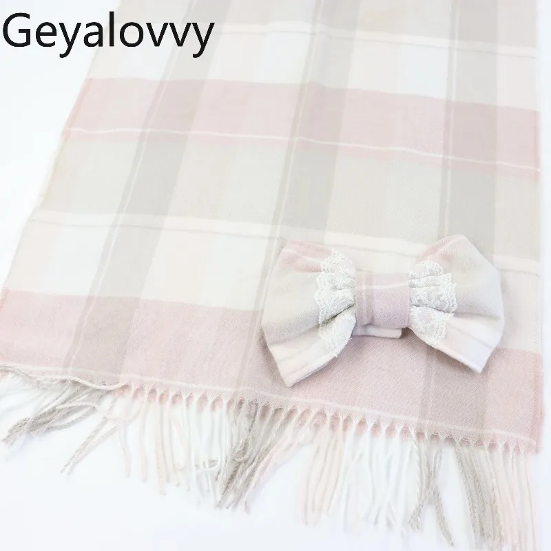 

Серо-розовый шарф-платок в клетку с бантами и кисточками для женщин, милый, мягкий, в стиле Лолита, с кружевом, теплый на шею, в японском стиле
