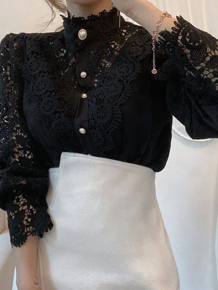 Autumn New Vintage White Lace Blouse Shirts Women 2023 Elegant Button Loose Shirt Tops Female Hollow Casual Ladies Blouses