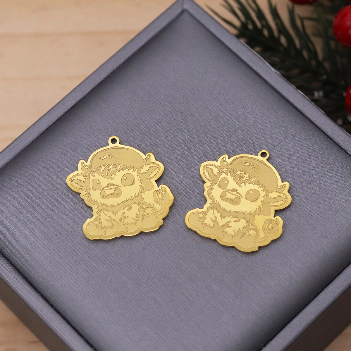 2pcs Stainless Steel Highland Cow Charms Cute Sitting Calf Animal Pendant for DIY Jewelry Making Earrings Necklace Accessories