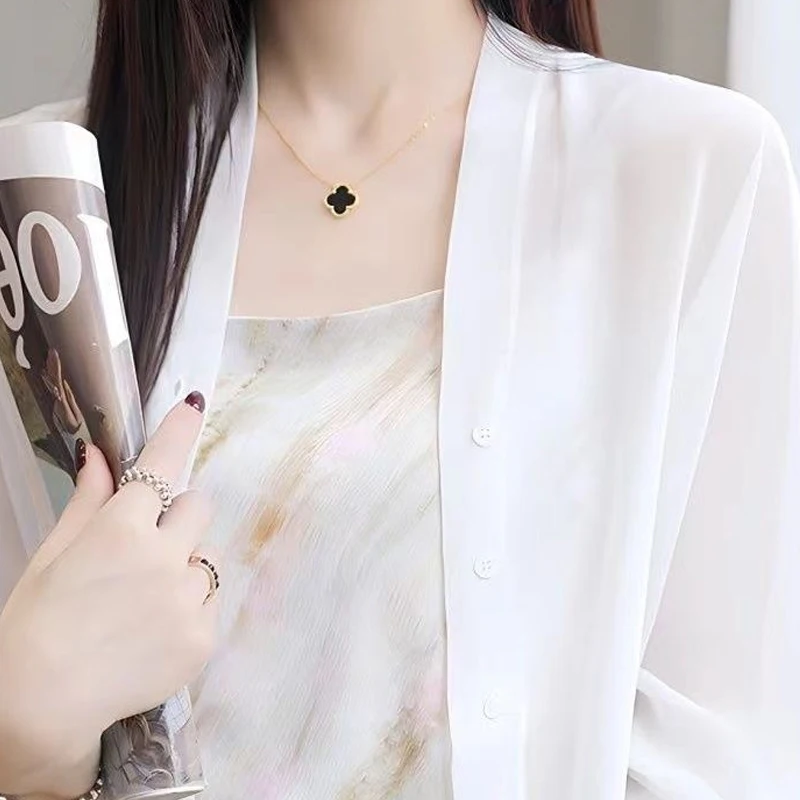 Spring Summer New Solid Color Shirt Women V-neck Long Sleeve Button Patchwork Cardigan Elegant Thin Style Sheer All-match Tops