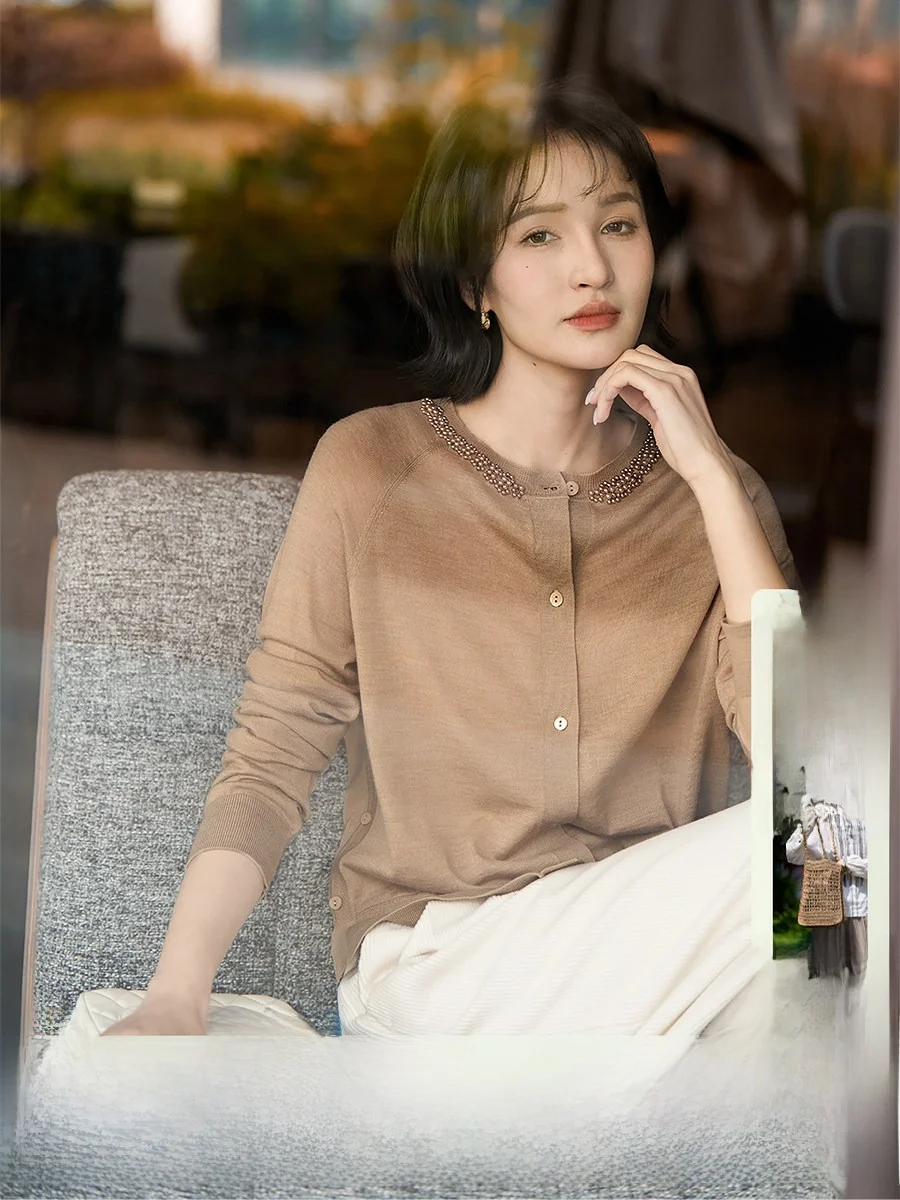 

Xhange Classic Reinterpretation 120s Heavy Work Wool Knitted Long Sleeve Open Cardigan Pearl Collar Soft Touch Spring Women's...