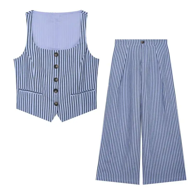Maxdutti Minimalist Striped Blended Sleeveless Vest Zipper Casual Wide Leg Pants Woman Clothes Pant Sets New Two Piece Set Women