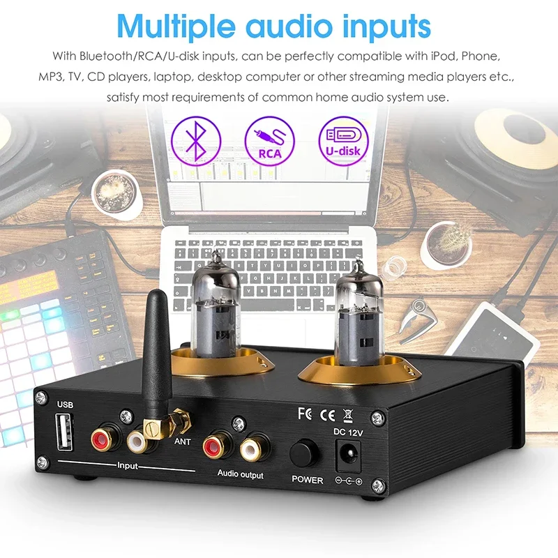 Audiophile Tube Preamplifier 6K4 Tube Bluetooth 5.0 USB 입력 다기능 프리 앰프 고베이스 조정 헤드폰 출력