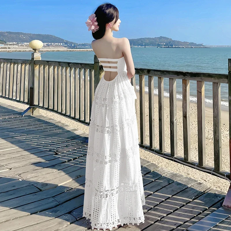 Elegant เย็บปักถักร้อยผ้าฝ้าย Hollow Out Prom ชุดราตรีสีขาวผู้หญิงฤดูร้อนรัดตัว Top Slash คอชุดราตรีสาย