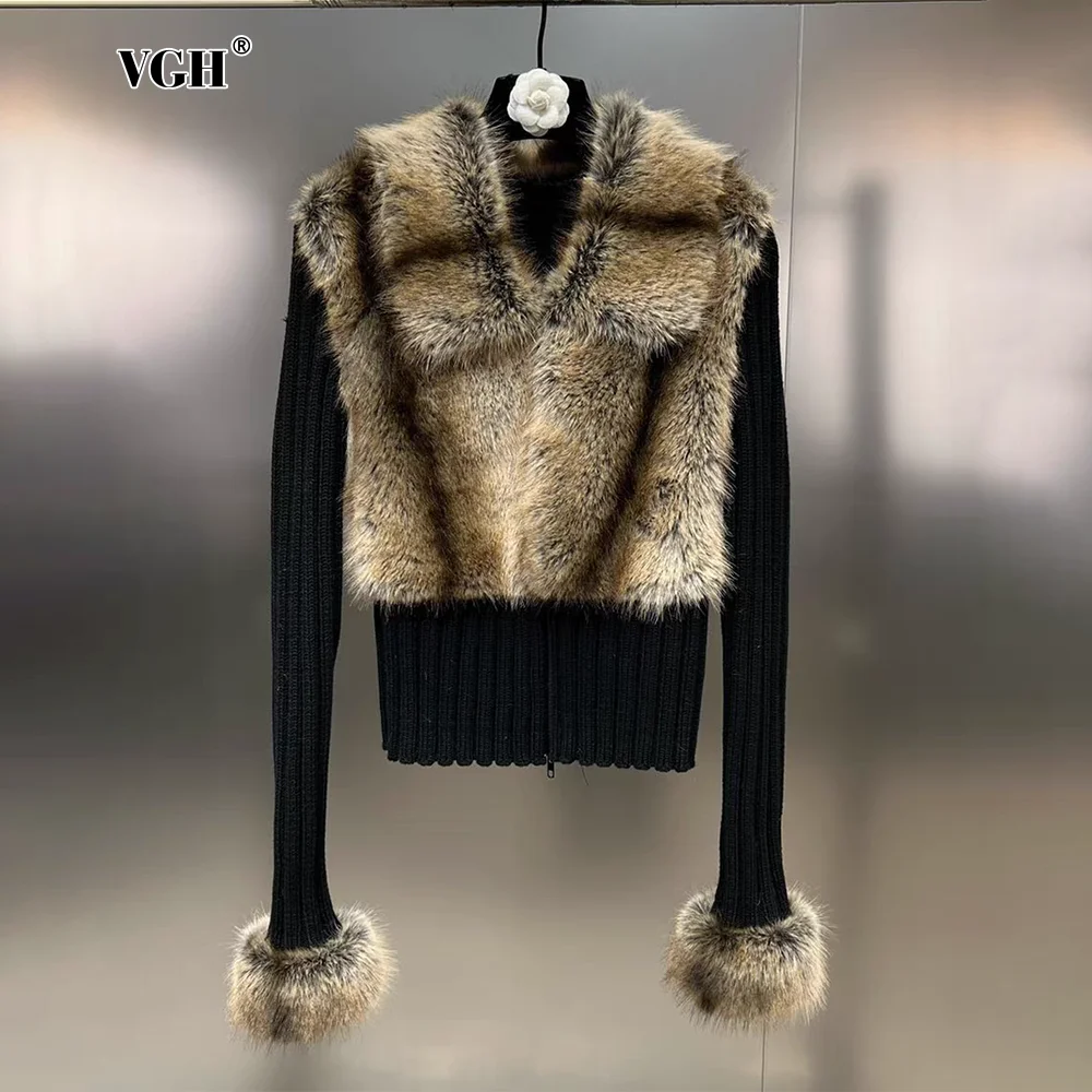 

VGH Colorblock Knitwear For Women V Neck Long Sleeve Slimming Spliced Fur Design Luxury Sweater Cardigan Female Autumn Clothing