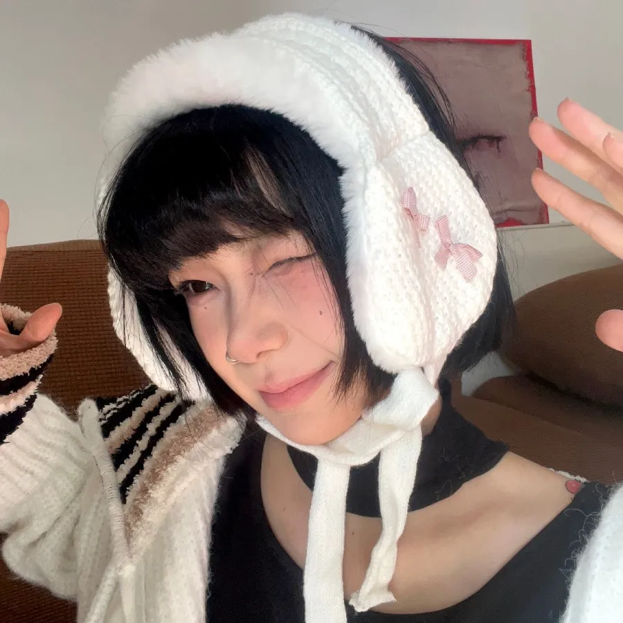 جديد محبوك التعادل متابعة غطاء للأذنين موضة لطيف امرأة فتاة القوس عقدة أفخم تدفئة الأذن الصوف غطاء للأذن اكسسوارات الشتاء #3