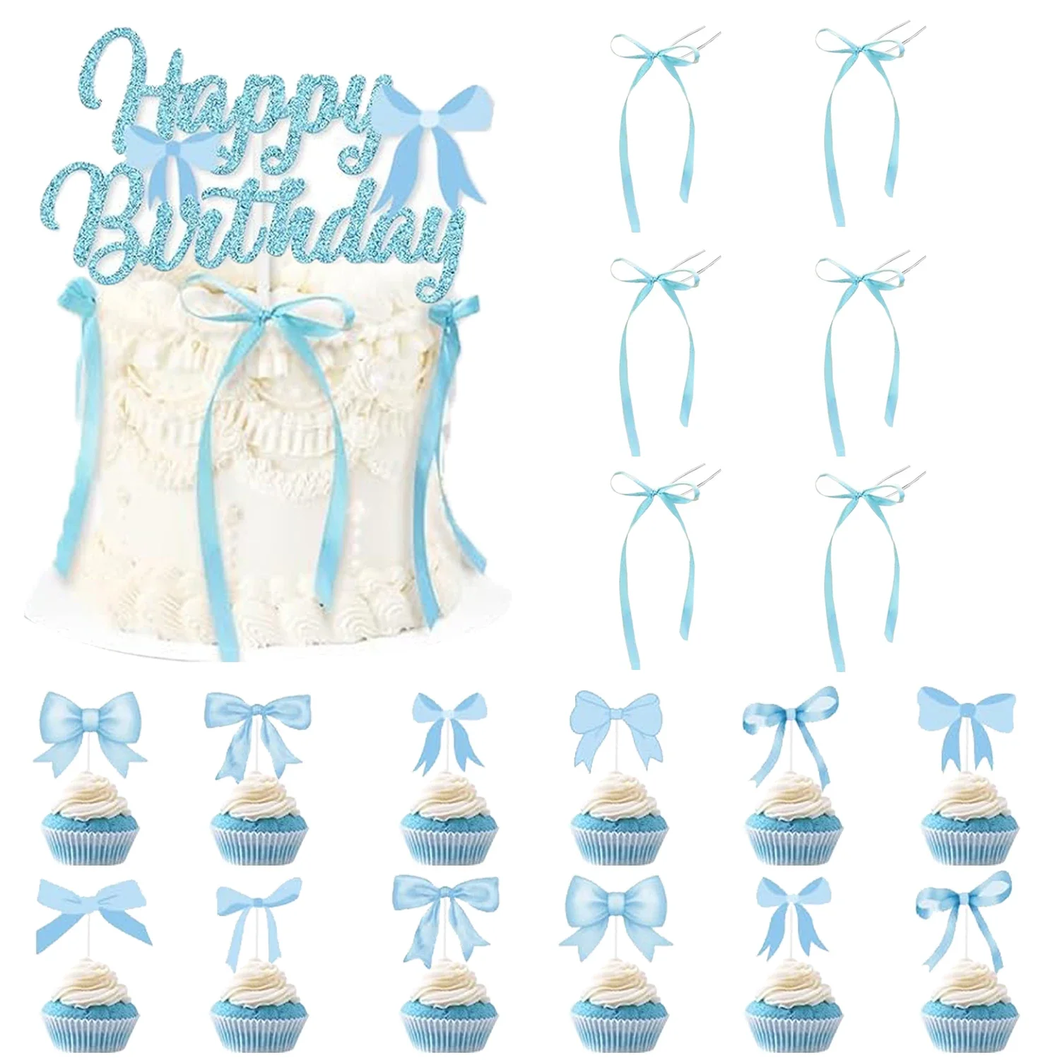 19 piezas de decoración de pastel con lazo, decoraciones de pastel con lazo negro, rosa y azul, adornos para magdalenas con lazo de feliz cumpleaños, tema de arco