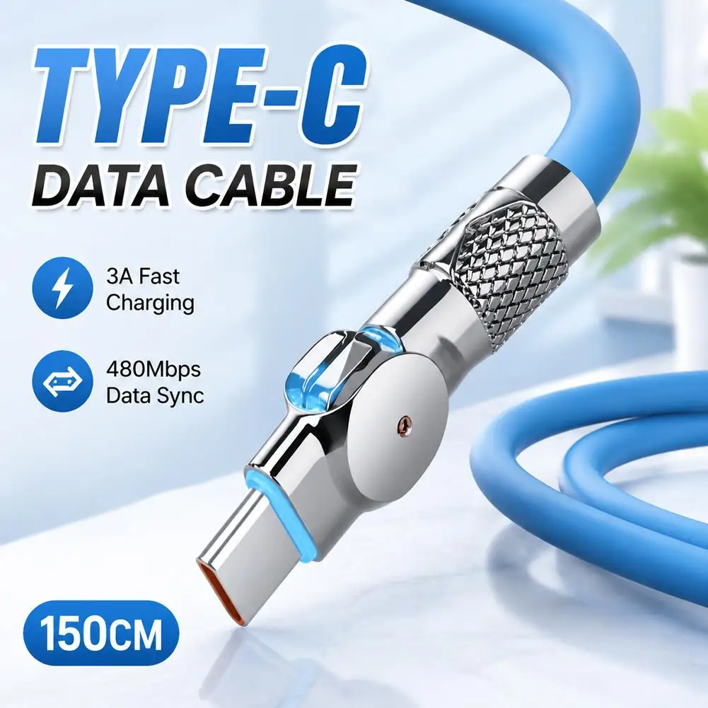 120W Type C Cable 3A Fast Charging Smart Power Off USB C Data Wire 150cm Silicone Charger Cable For Samsung Xiaomi Huawei