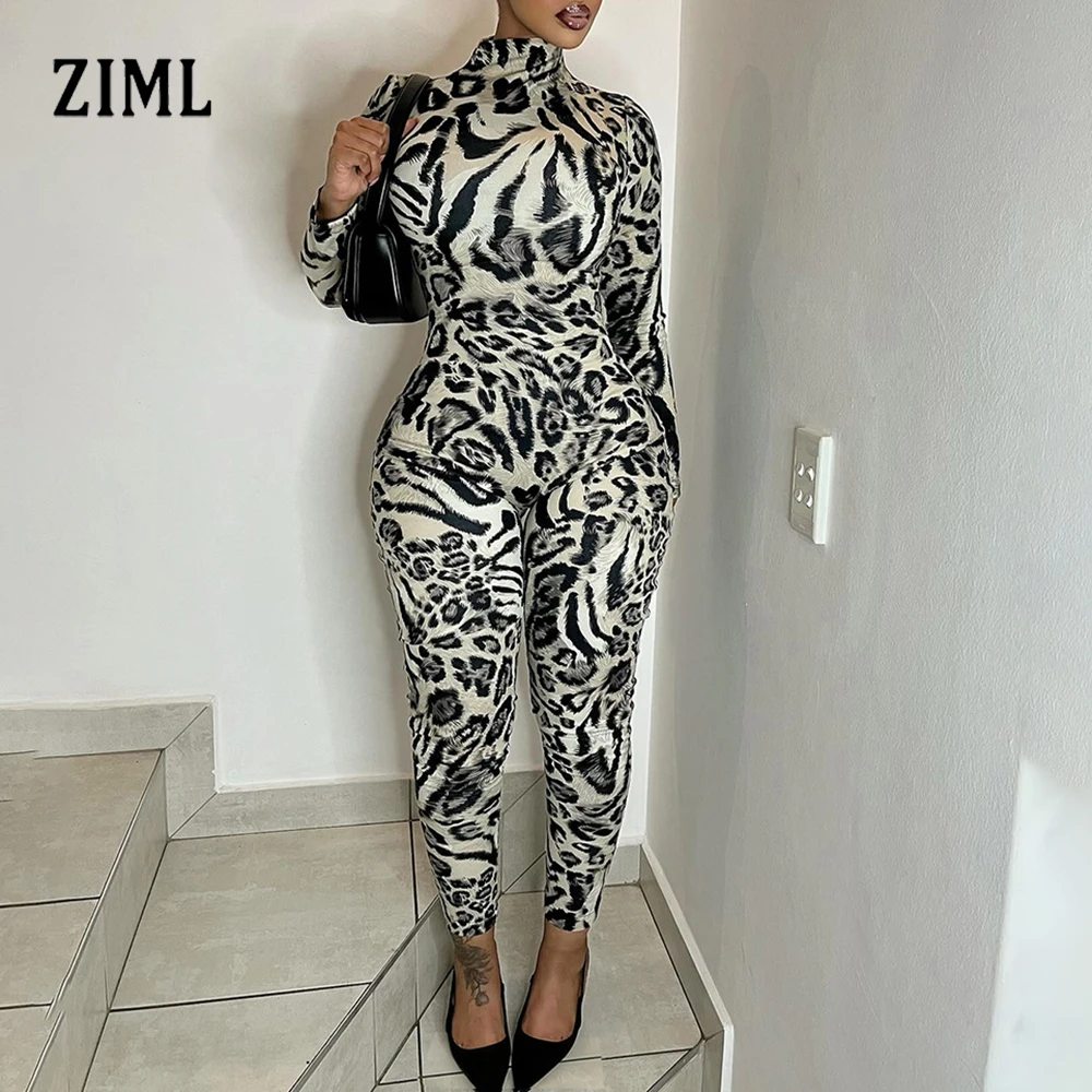 

ZIML леопардовый принт для похудения сексуальные комбинезоны для женщин с круглым вырезом и длинными рукавами брюки с высокой талией дизайн Sense комбинезон женский новый