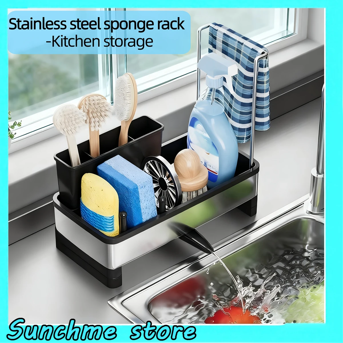 

Органайзер для кухонной мойки из нержавеющей стали с дренажем, вмешалкой для раковины с несколькими отделениями и съемной вешалкой для полотенец для губок и щеток