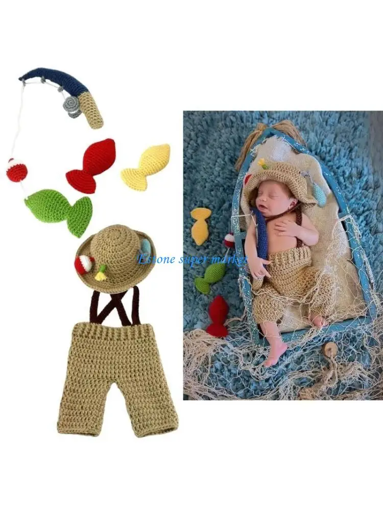 090B Newborns Knitted Fishing Gear Photoshoots Costume Set Soft Breathable Outfits