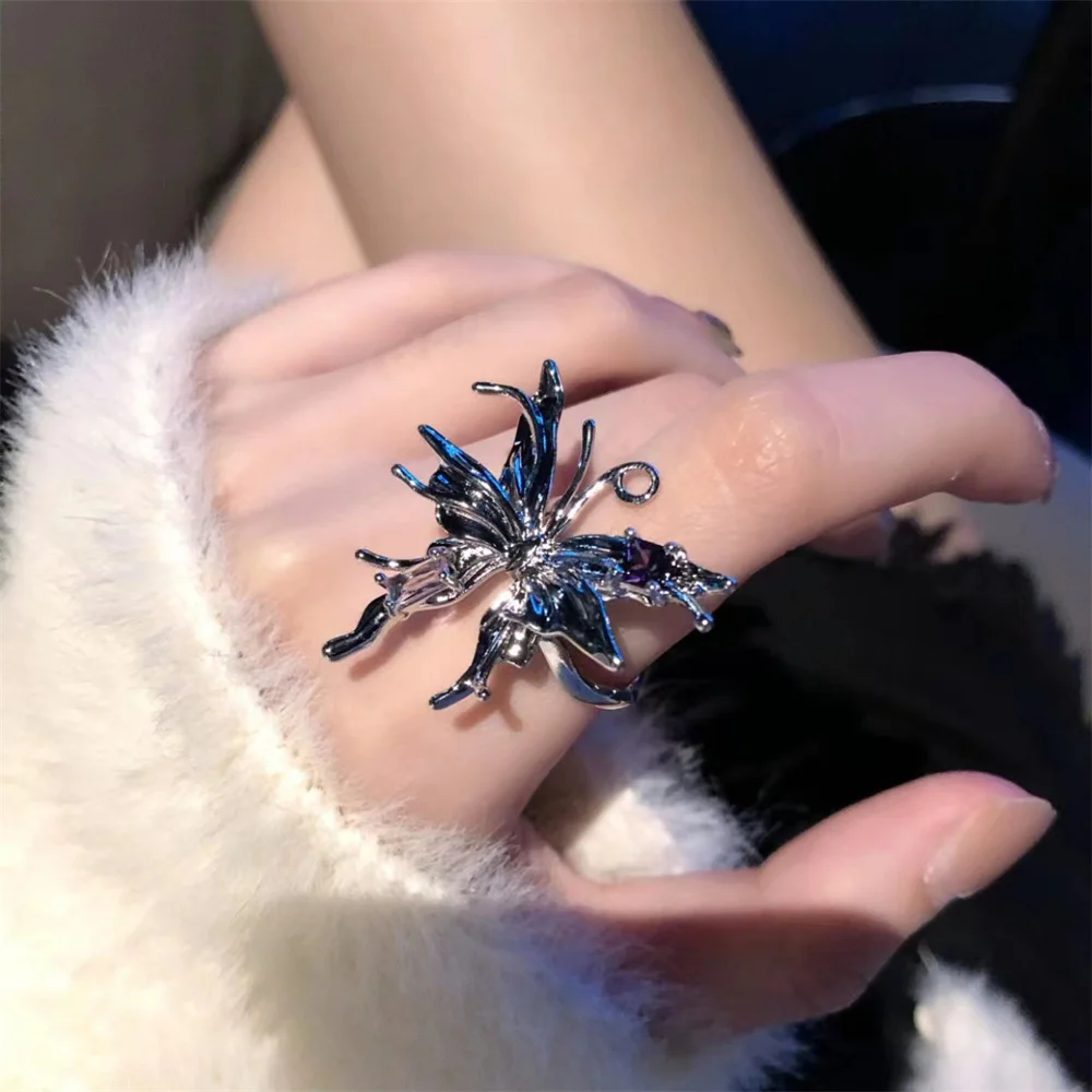 Fashion Silver Color Liquid Metal Butterfly Ring For Women Retro Purple Crystal Red Gemstone Open Adjustable Ring Party Jewelry