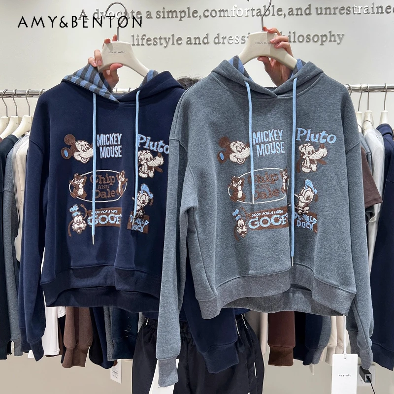 

European Style 2025 Autumn Winter Thickened Hooded Sweatshirts For Women's 2025 New Cartoon Embroidery Loose Short Hoodie Jacket