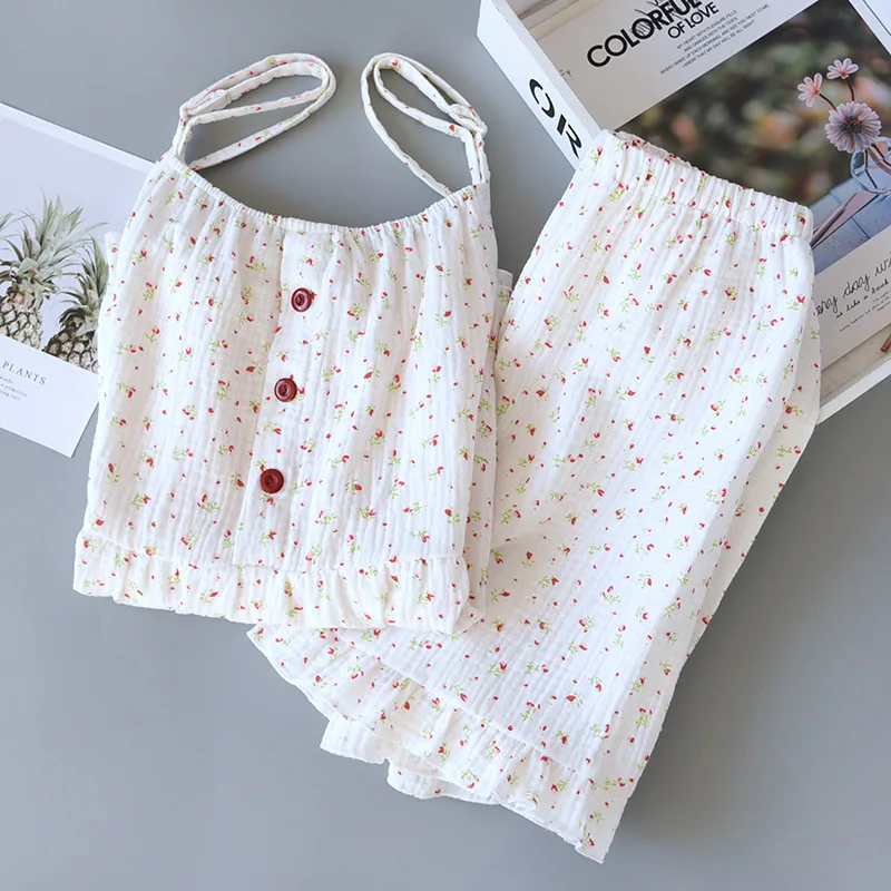 Fdfklak 여성용 꽃 무늬 잠옷 캐미솔 반바지 잠옷 세트 New Cotton Student's Nightwear Pijama Feminino Buttons