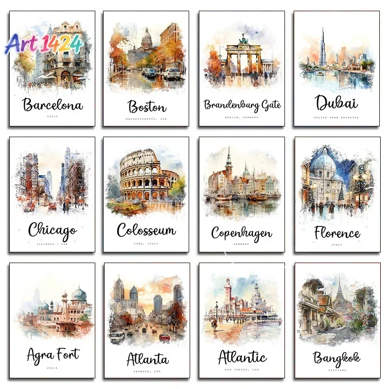 City Landscape Travel Poster Barcelona Boston London Paris Canvas Painting Art Picture Watercolor Style Living Room Home Deco