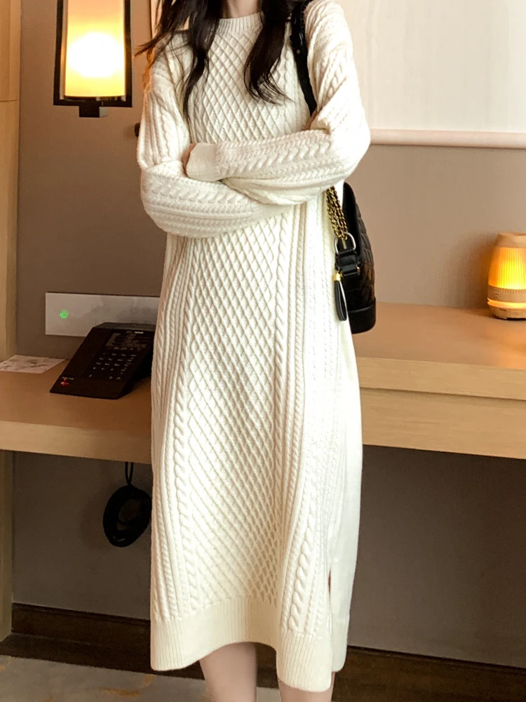 

QOERLIN Warm Winter Sweater Dress Fall Loose Black Sweater Dress Woman Long Knitted Dresses Female Fashion Elegant Solid Clothes