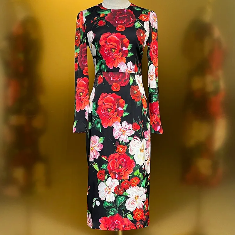 Women's Elegant Peony Printing Silk Slim Dress High End Clothes Long Sleeve Round Collar Zipper Elastic Dresses Plus Size New