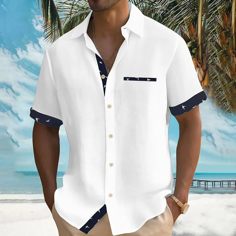 

Fashion Contrast Color Turn-down Collar Shirt Mens Summer Beach Seaside Hawaii Style Printed Shirts For Men Casual Buttoned Tops