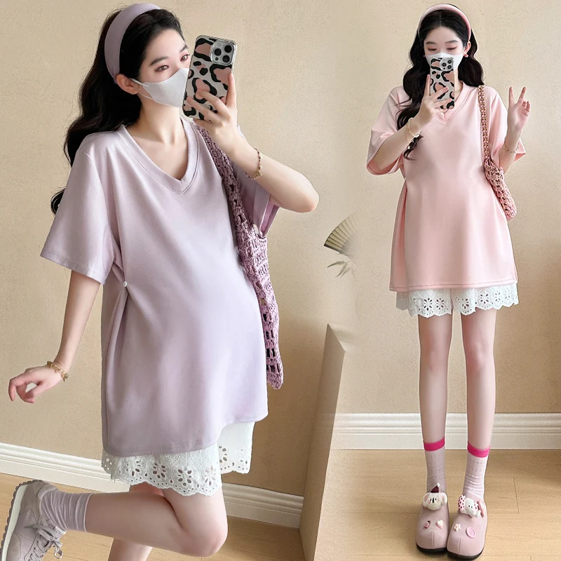 

25SS Summer New Arrival Air-Cotton Relaxed Casual T-Shirt + Lace Shorts Maternity Two-Piece Set Clothes for Pregnant Women Youth