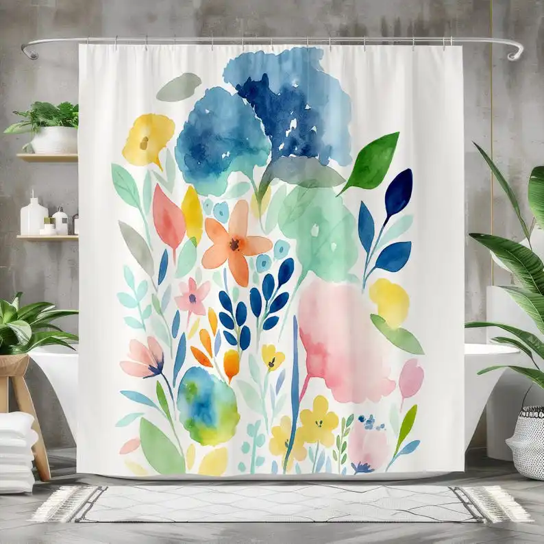 

Watercolor Floral Shower Curtain, Colorful Botanical Garden Decor with Modern Flower Art Print, Boho Fresh Spring Bloom Design