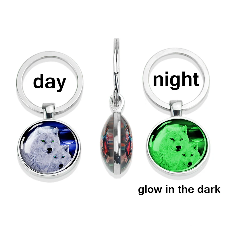 Wolf Key Chain Glow In The Dark Howling Wolf Head and Moon Keyring Double Side Glass Cabochon Keychain Pendant Luminous Key Ring