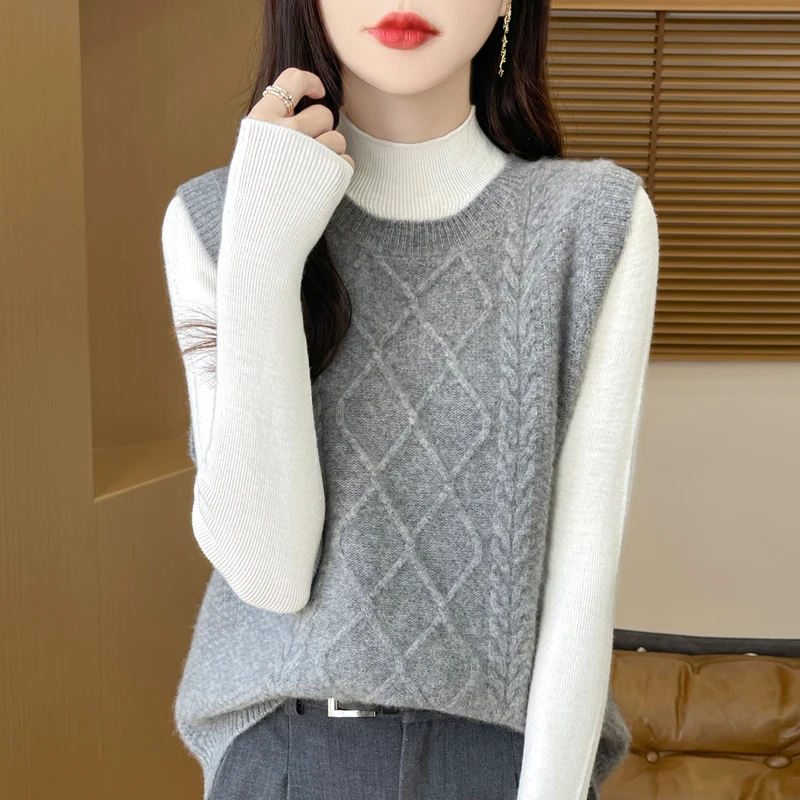 Twisted All Wool Knitted Sweater Vest For Women In Autumn And Winter, Versatile Round Neck Sleeveless Sweater, Camisole DMR D176