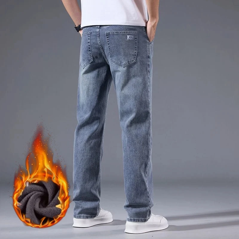 Winter Fleece Männer Jeans Dicke Stretch Business Casual Hosen Klassische Lose Gerade Warme Samt Denim Hosen Büro Täglichen Verschleiß