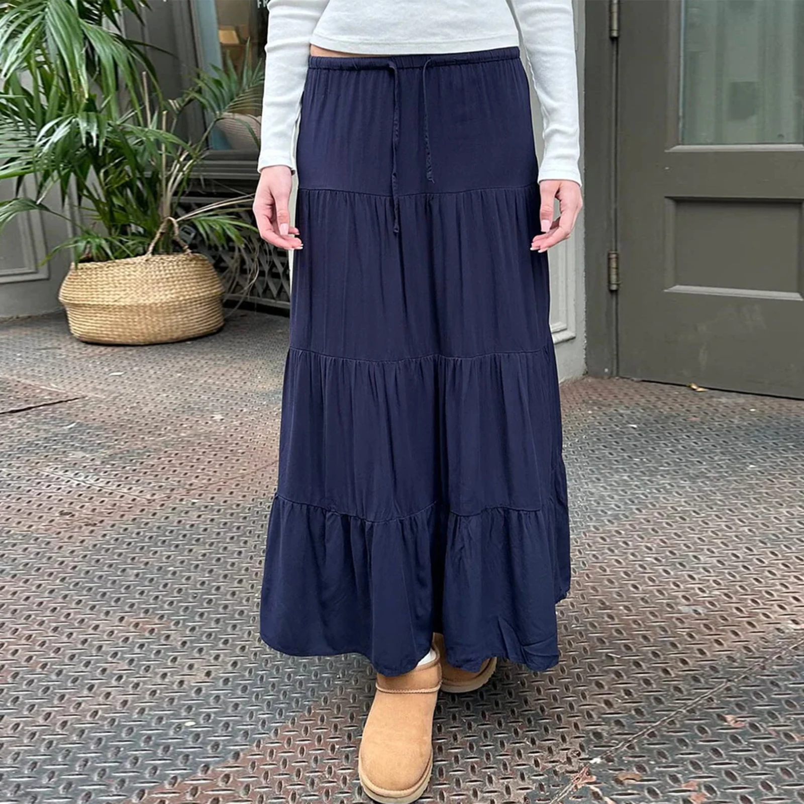 Sprookjesrok Y 2K Kleding Vrouwen Effen Kleur Trekkoord Lage Taille Geplooide Losse Rokken 2000S Zwierige Lange Rok Streetwear