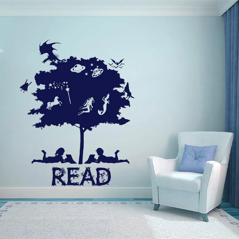 Reading Tree Wall Decal,Imagination Wall Art, Read More Books, Library Wall Decor, Fantasy Book Art, Bookstore Stickers AC40