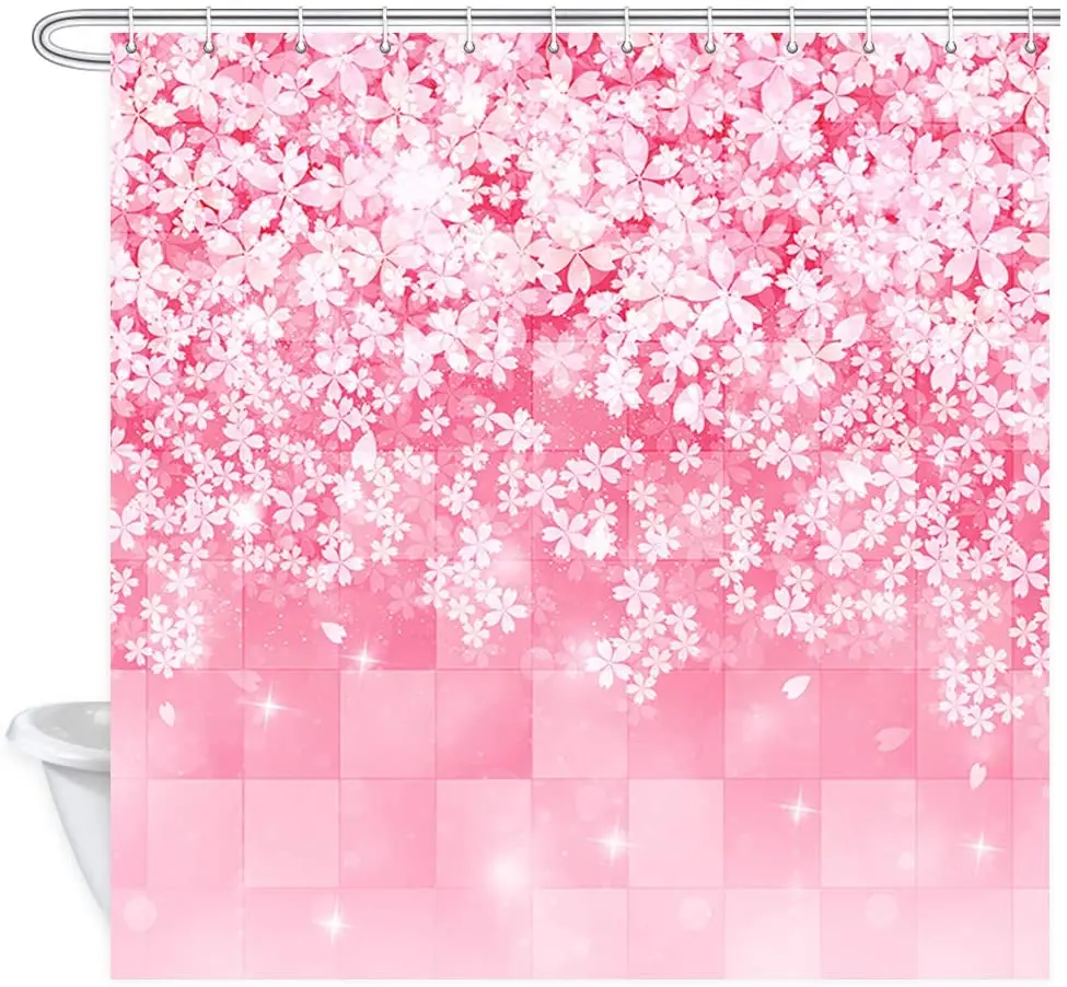 Floral Shower Curtain Spring Flowers Cherry Petal  Blossom Background Polyester Fabric Bath Bathroom Curtains Set with Hooks