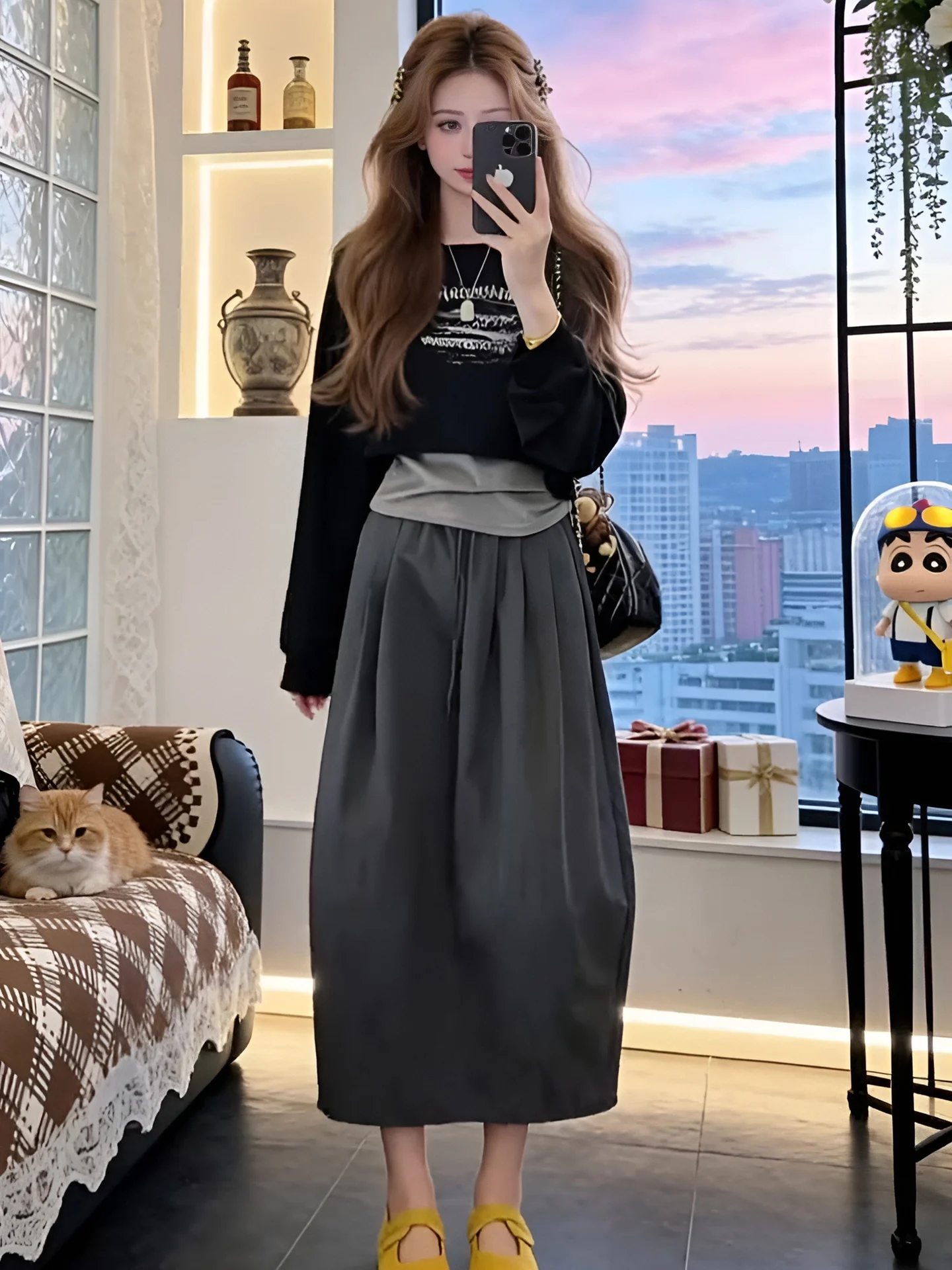 

Korean Fashion Letter Print Sweatshirt Vest And High Waist Half Skirt Set Women's Whole Set Stylish Spring Autumn Wear