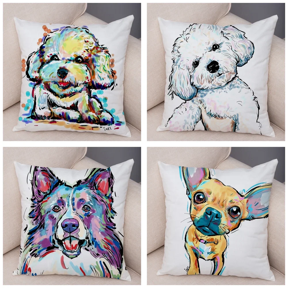 50 Style Cute Watercolor Pet Dog Pillow Case Decor Cartoon Animal Pillowcase Soft Plush Cushion Cover for Car Sofa Home 45x45cm
