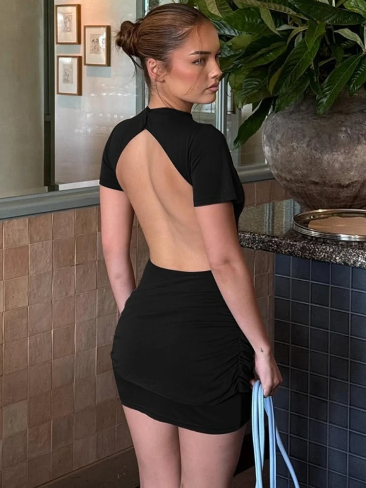 Woman Clothing O-neck Short Sleeve Slim T-shirt Dresses Fashion Casual Backless Bandage Short Evening Party Dress Streetwear