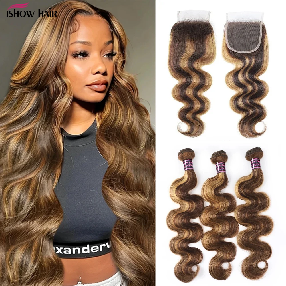 Ishow Highlight Bundles With Closure 4x4 Lace Closure With Body Wave Bundles Brazilian Remy Human Hair Weave Hair Extentions