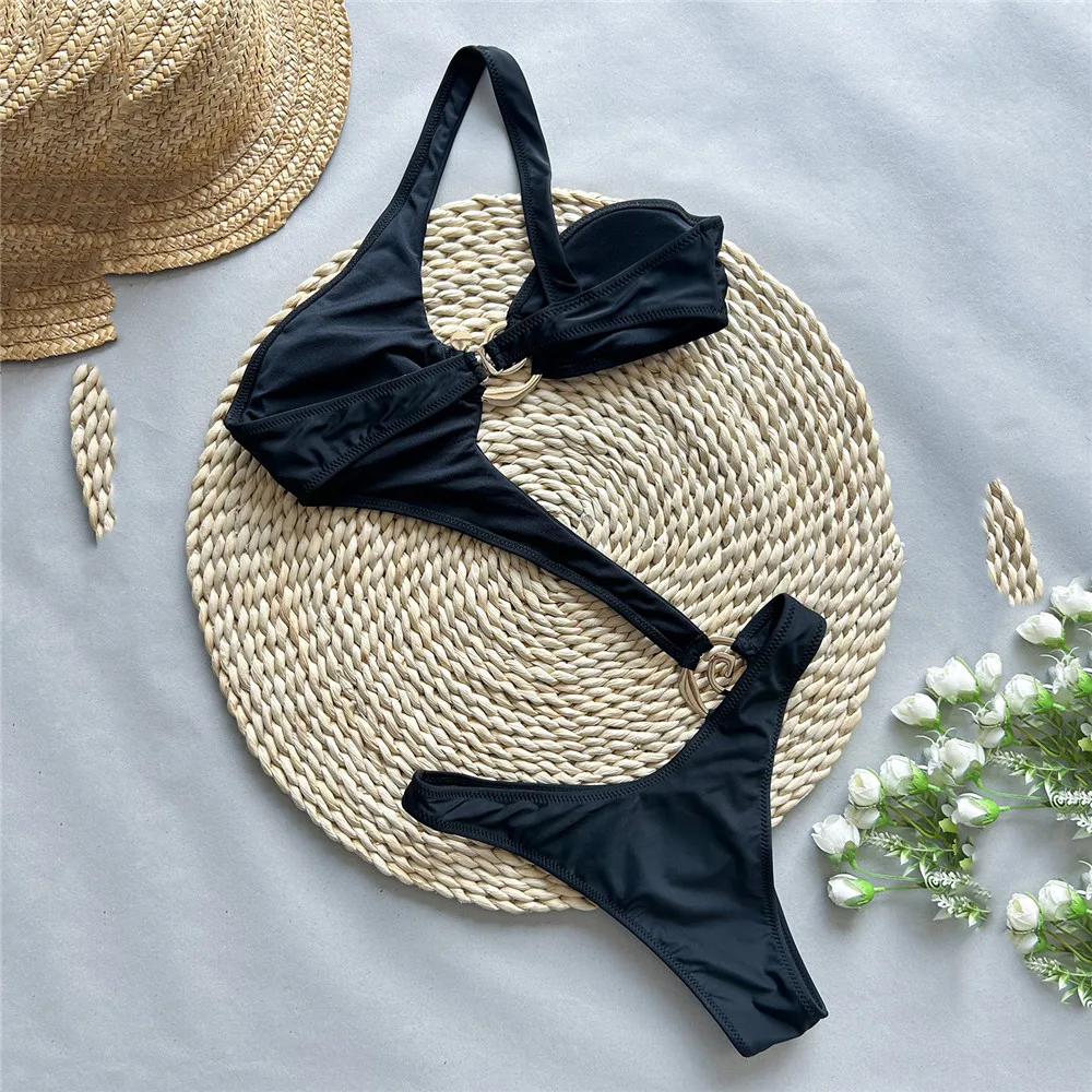 Black One Shoulder Backless Sexy Swimsuit Women One Piece Swimwear 2025 Hollow Out Monokini Metal Ring High Cut Bathing Suit